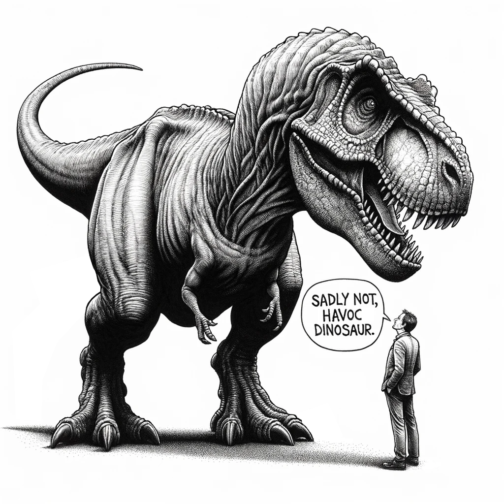 A black-and-white illustration depicting a surreal encounter between a man and a gigantic dinosaur. The dinosaur stands towering over the man, with its mouth slightly open revealing a set of sharp teeth, and has deep, textured skin that reflects a meticulous level of detail. The dinosaur's posture suggests both power and a kind of graceful menace. The man, dressed in a suit and appearing quite small in comparison, looks up at the dinosaur with an expression that suggests awe or perhaps resignation. Above them, a speech bubble from the man reads, 'SADLY NOT, HAVOC DINOSAUR.' This caption adds a humorous or ironic touch to the otherwise imposing scene, implying a dialogue that contrasts with the visual intensity of the moment.